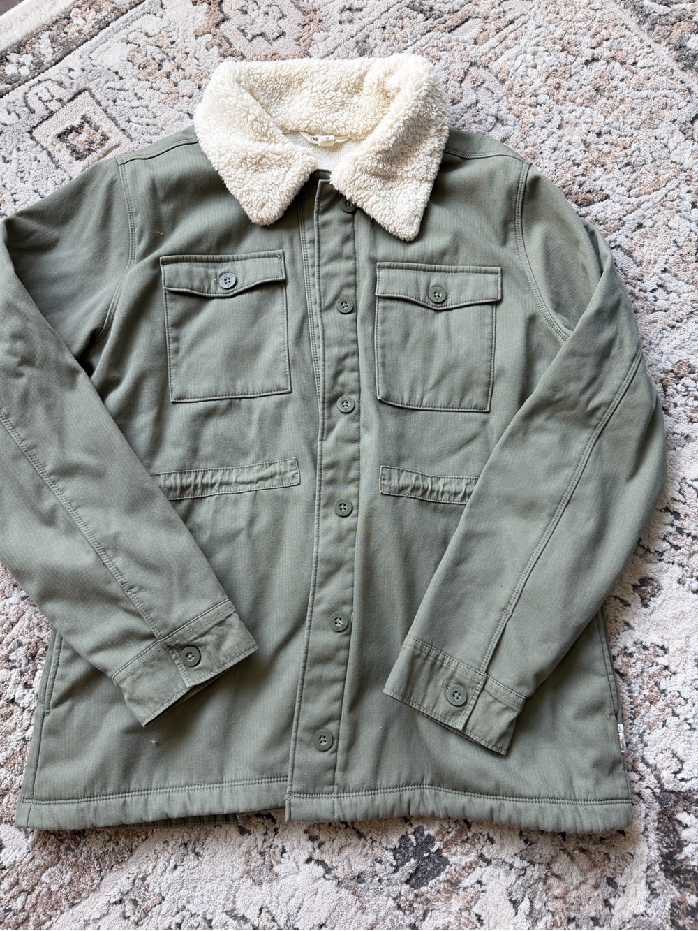 Hang Ten Olive Green Utility Jacket with Cream Sherpa Collar